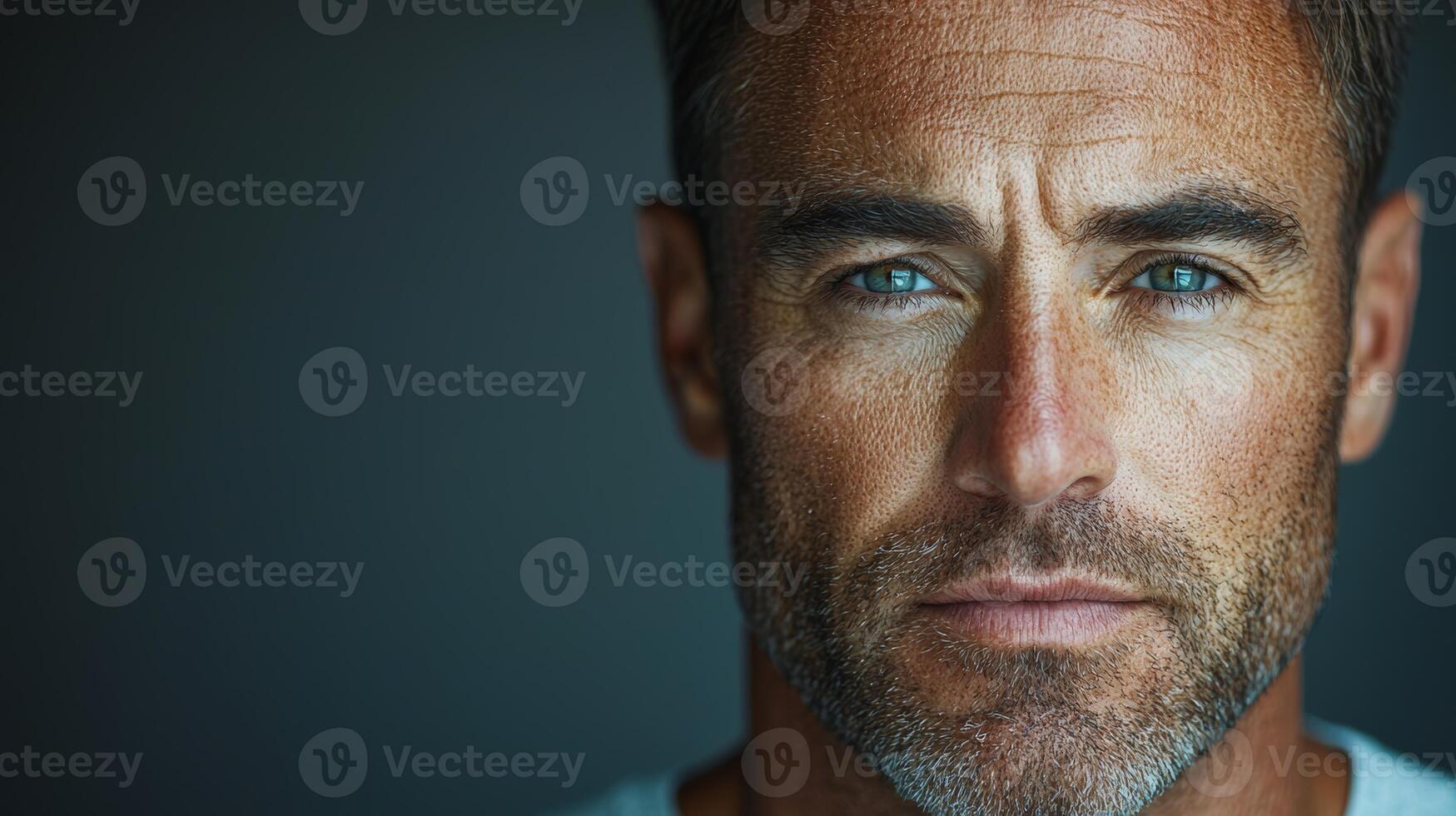Commercial split-face image of a European man, highlighting the contrast between youthful, flawless skin on one side and the signs of aging on the other, such as deep wrinkles, perfect for visualizing photo