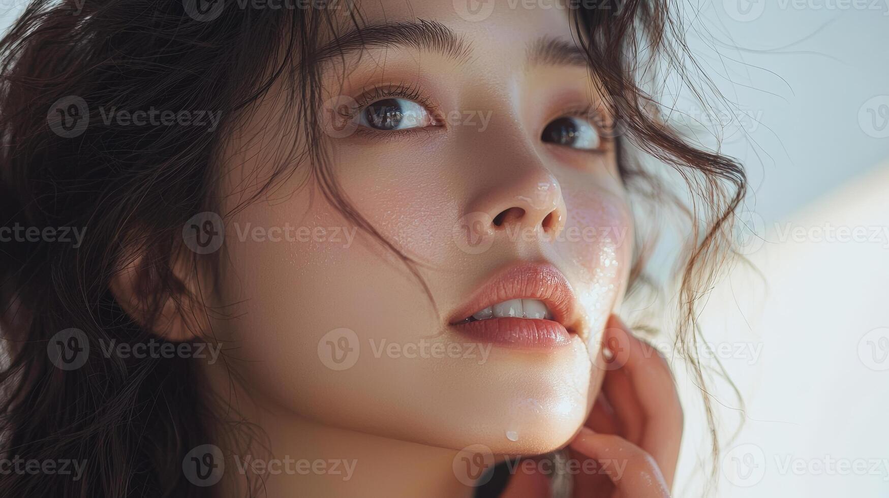 In a bright, minimalist setting, a close-up of an Asian woman with dark brown hair and clear skin, carefully applying cream to her face, her calm expression enhancing the appeal of the skincare photo