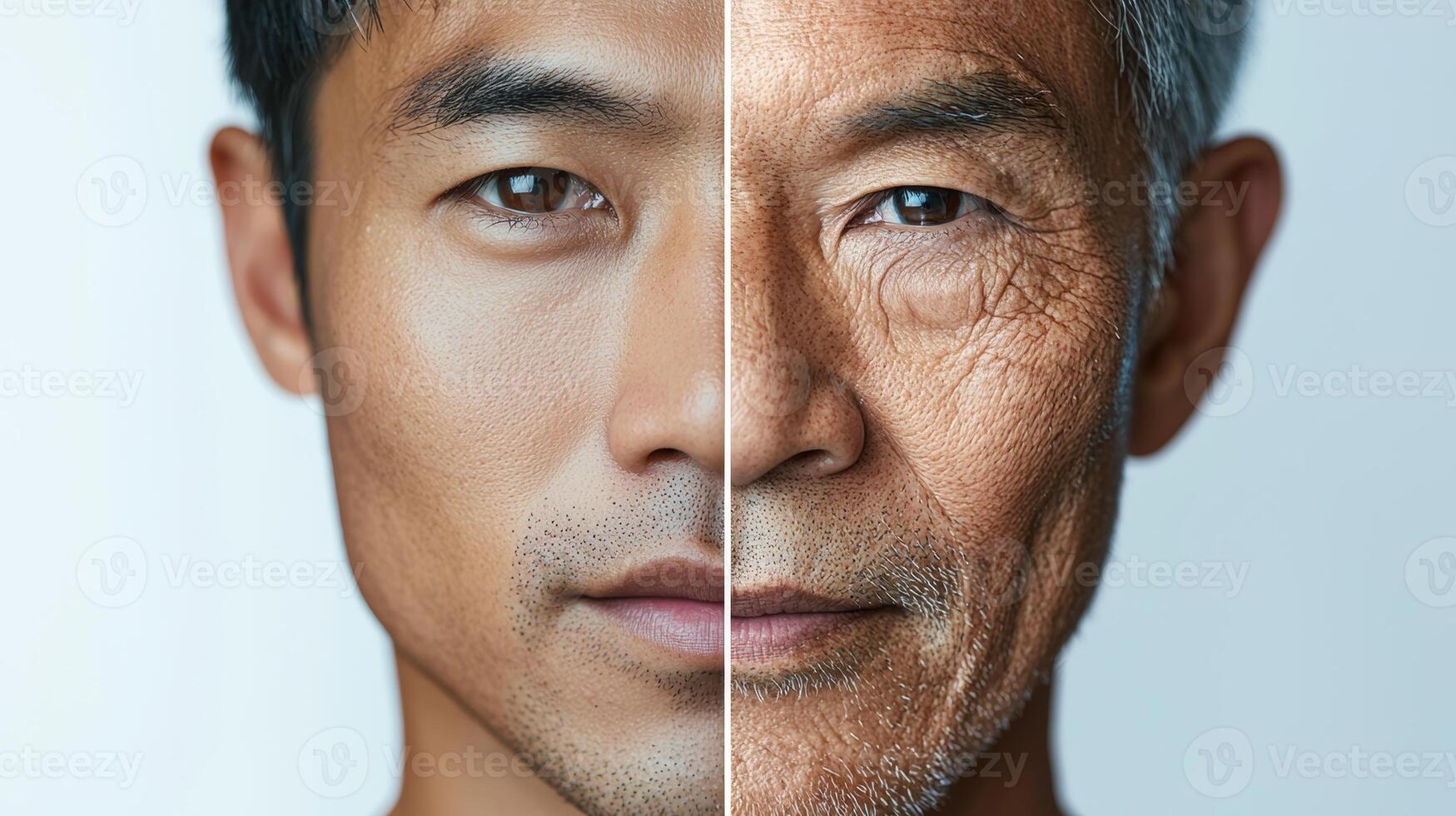 Advertisement image featuring a Southeast Asian man face split into two halves, one side showcasing vibrant, youthful skin, and the other side illustrating the aging process with wrinkles photo