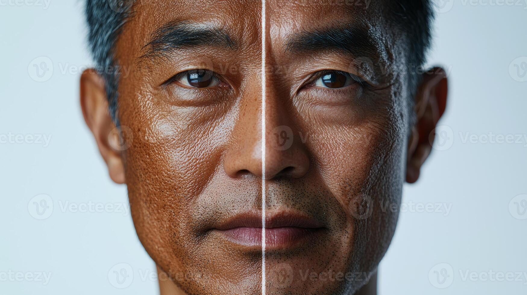 Advertisement image featuring a Southeast Asian man face split into two halves, one side showcasing vibrant, youthful skin, and the other side illustrating the aging process with wrinkles photo