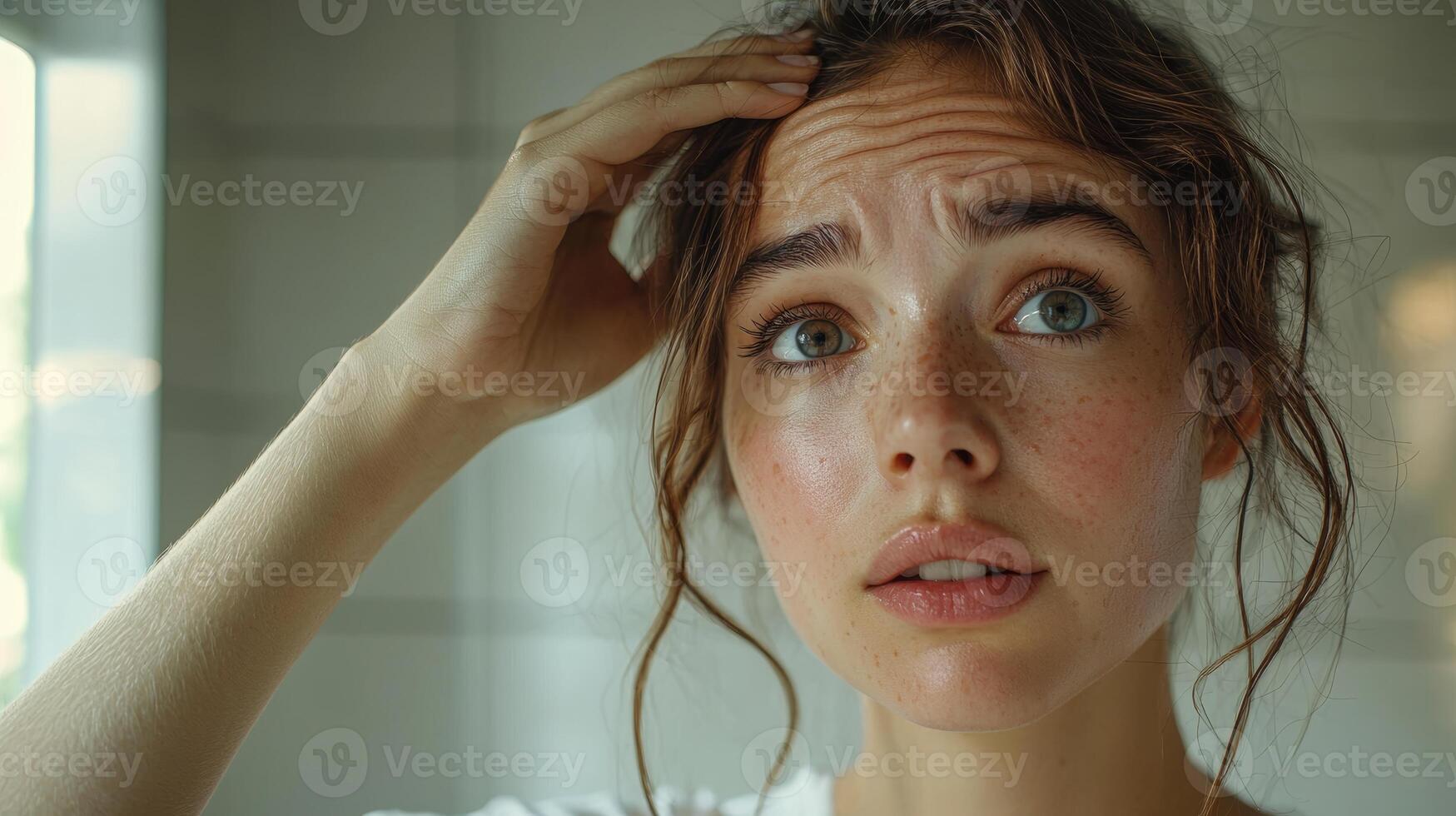 Advertisement shot of a European woman with a worried look, closely inspecting her forehead for wrinkles in a sleek, modern bathroom setting, with soft natural light highlighting her expression, photo
