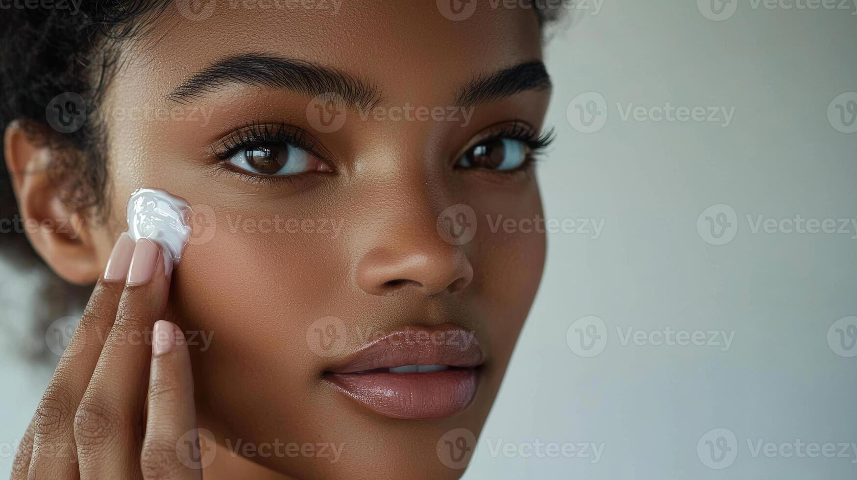 In a bright, minimalist setting, a close-up of a Black woman with dark brown hair and clear skin, carefully applying cream to her face, her calm expression enhancing the appeal of the skincare photo