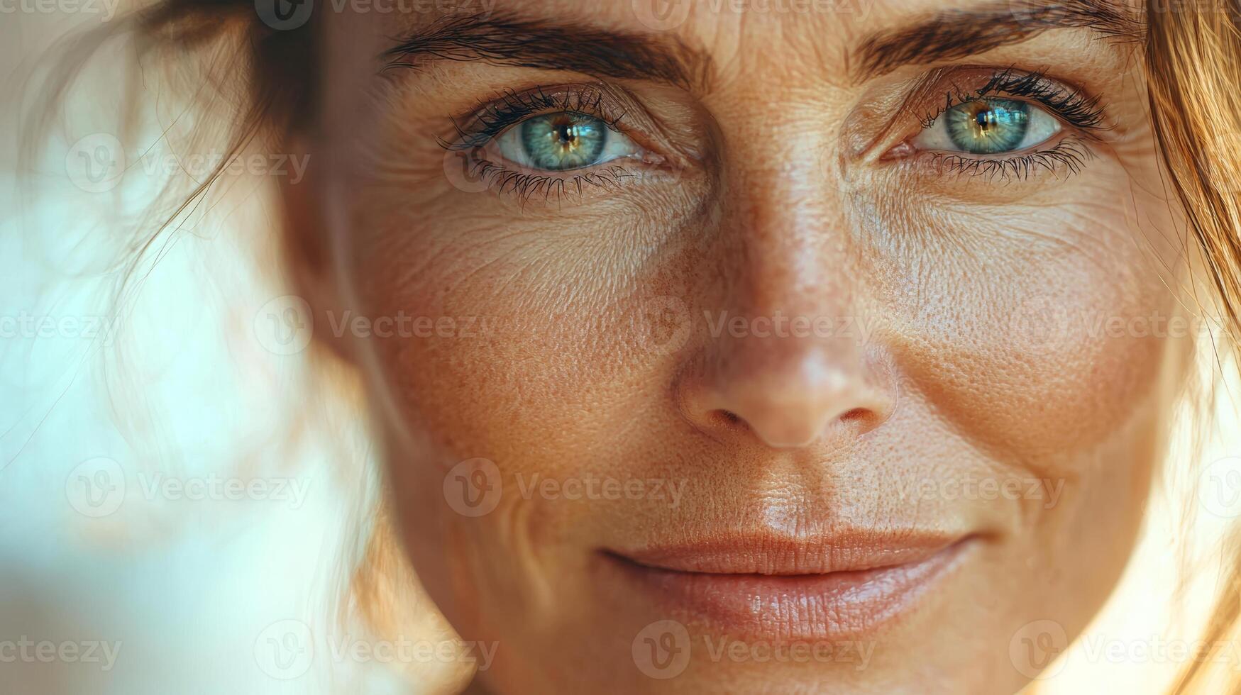 Bright and detailed commercial close-up of a mature European woman's face, focusing on the wrinkles and natural texture of her skin, with a clean light background and a subtle orange banner photo