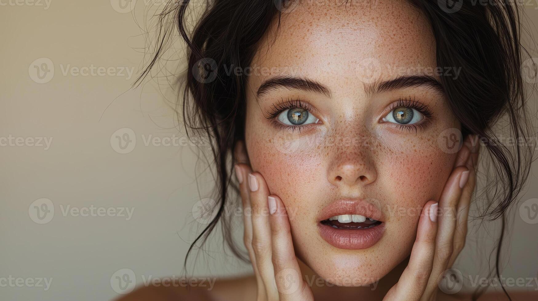 In a commercial setting, a close-up of a European woman with dark brown hair and clear skin, her surprised expression and soft hands touching her face make her perfect for a skincare or cosmetic photo
