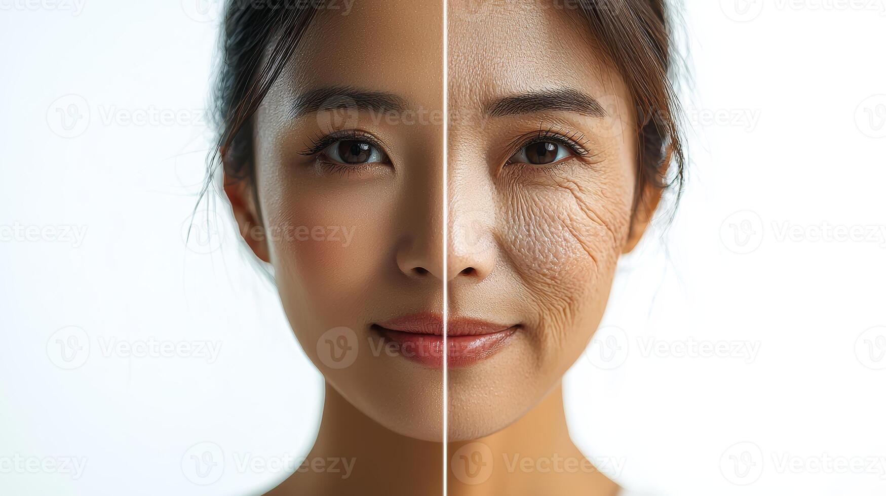 Advertisement image featuring an Asian woman face split into two halves, one side showcasing vibrant, youthful skin, and the other side illustrating the aging process with wrinkles and sagging photo
