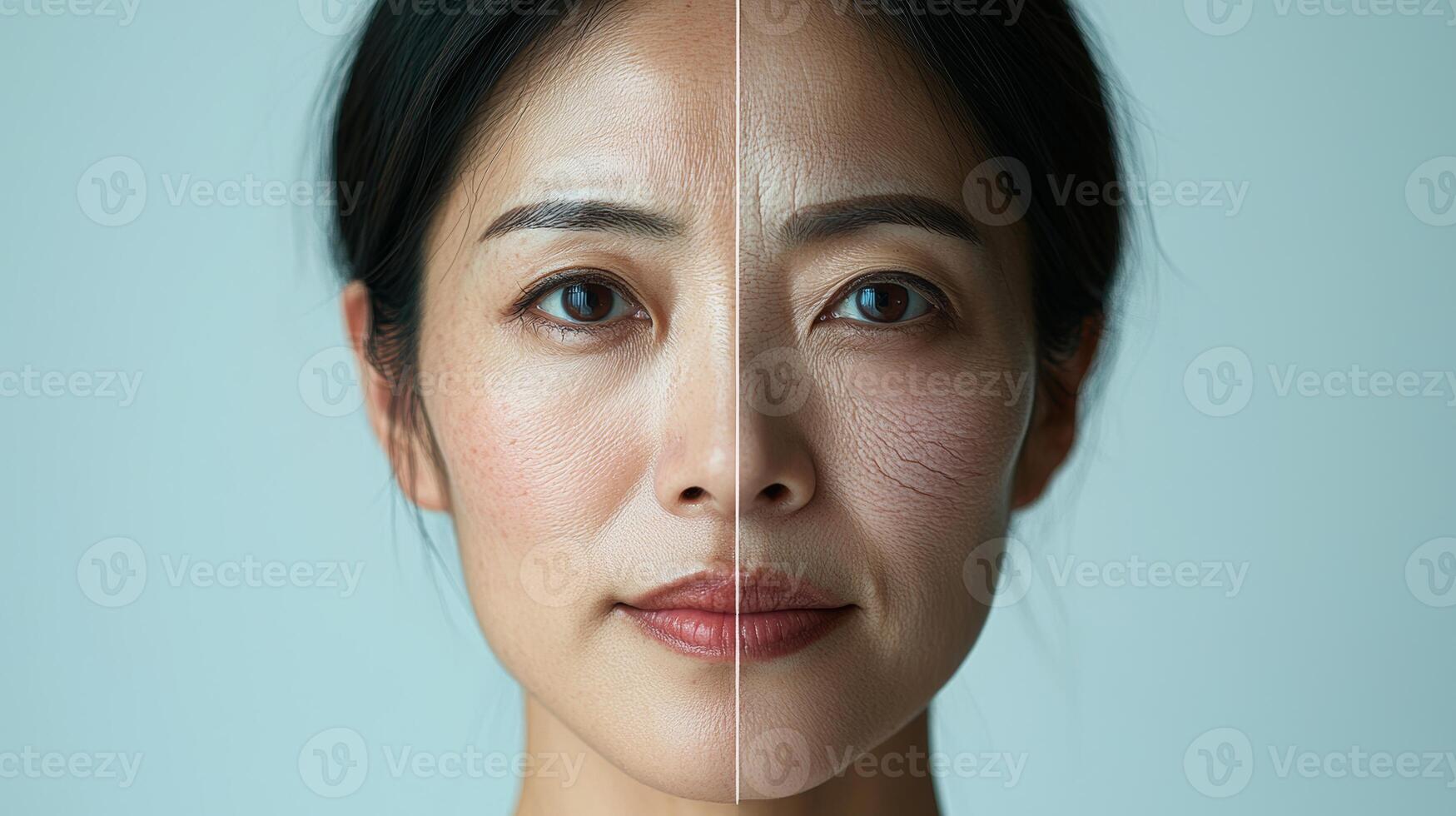 Commercial-style split-face image of an Asian woman showing the effects of aging, with the left side displaying youthful, smooth skin and the right side depicting aged, wrinkled skin, perfect photo