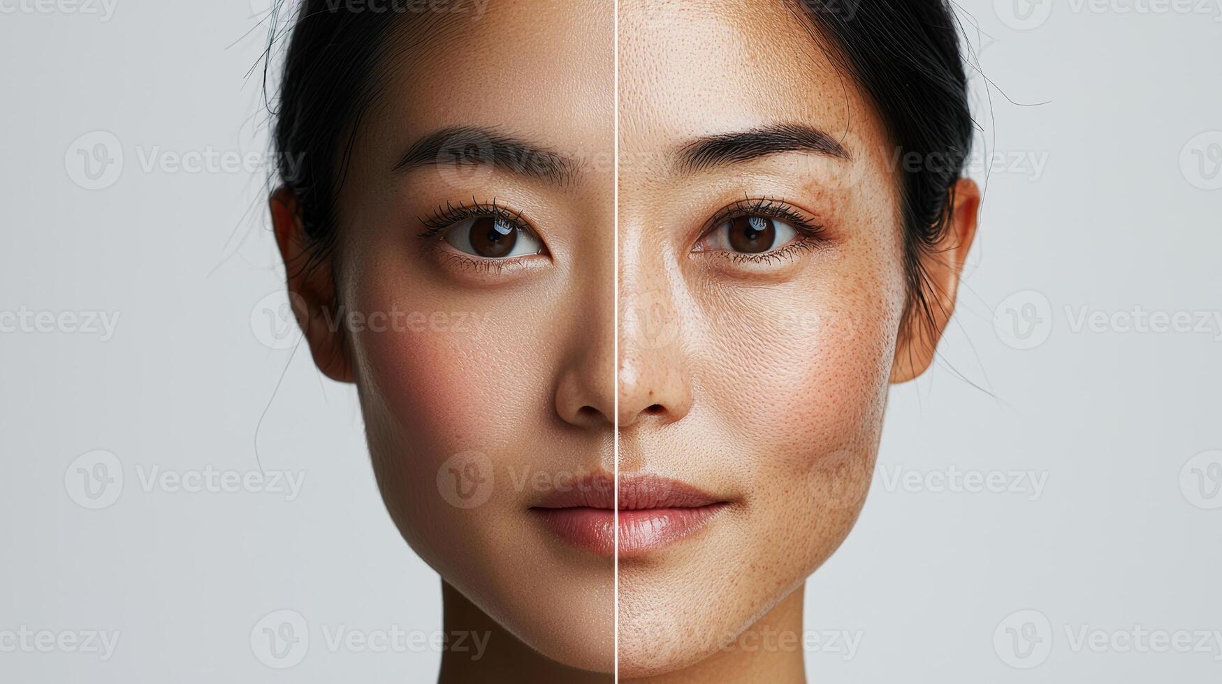 Advertisement image featuring an Asian woman face split into two halves, one side showcasing vibrant, youthful skin, and the other side illustrating the aging process with wrinkles and sagging photo