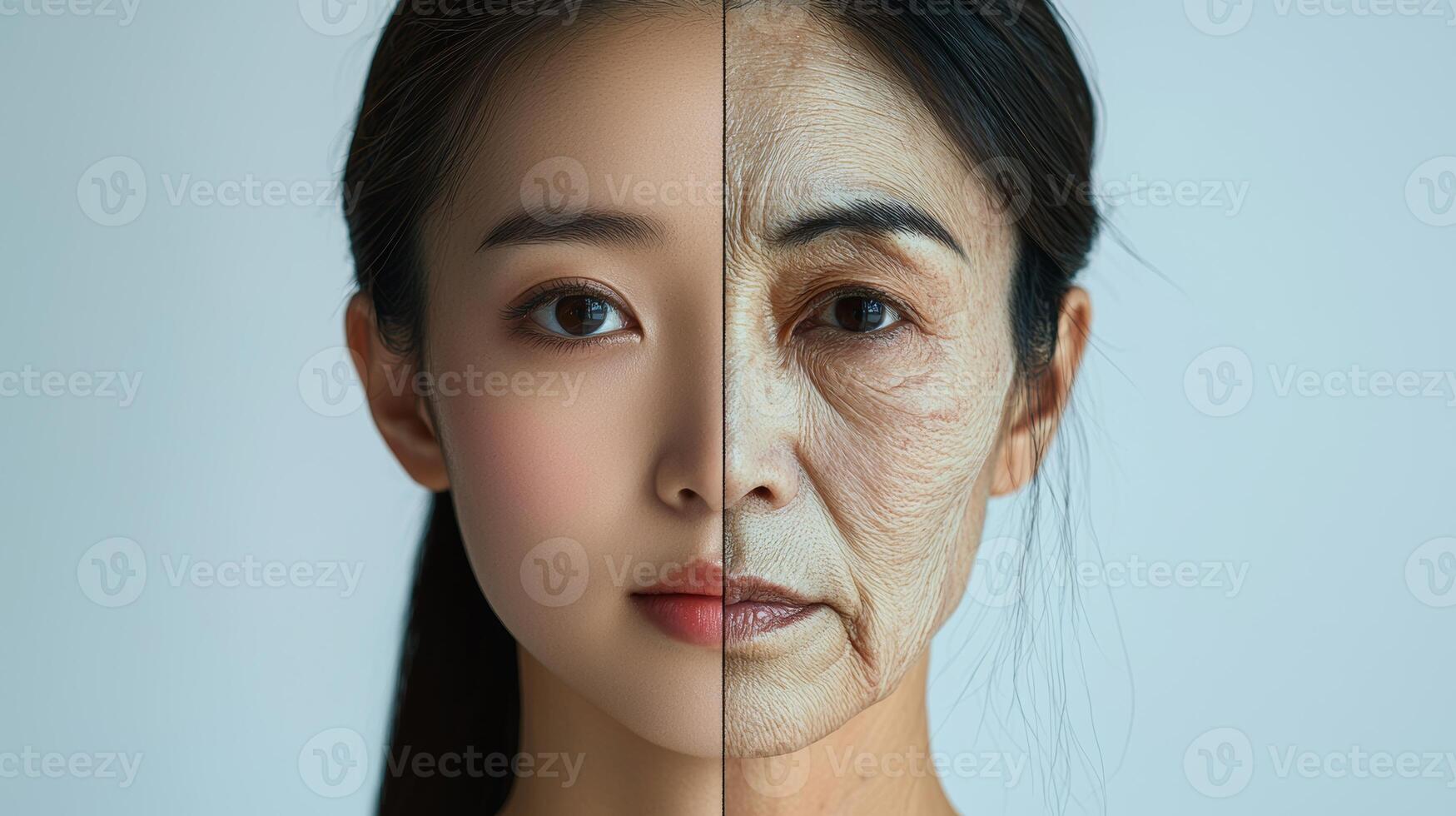 Commercial-style split-face image of an Asian woman showing the effects of aging, with the left side displaying youthful, smooth skin and the right side depicting aged, wrinkled skin, perfect photo
