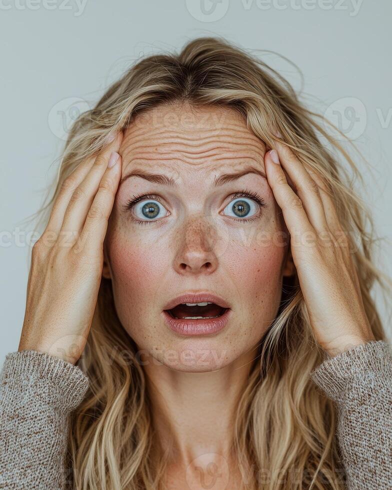 Close-up of a blonde European woman, visibly surprised as she pulls the skin on her forehead upwards with both hands, highlighting the wrinkles and fine lines, her eyes wide with concern, set photo