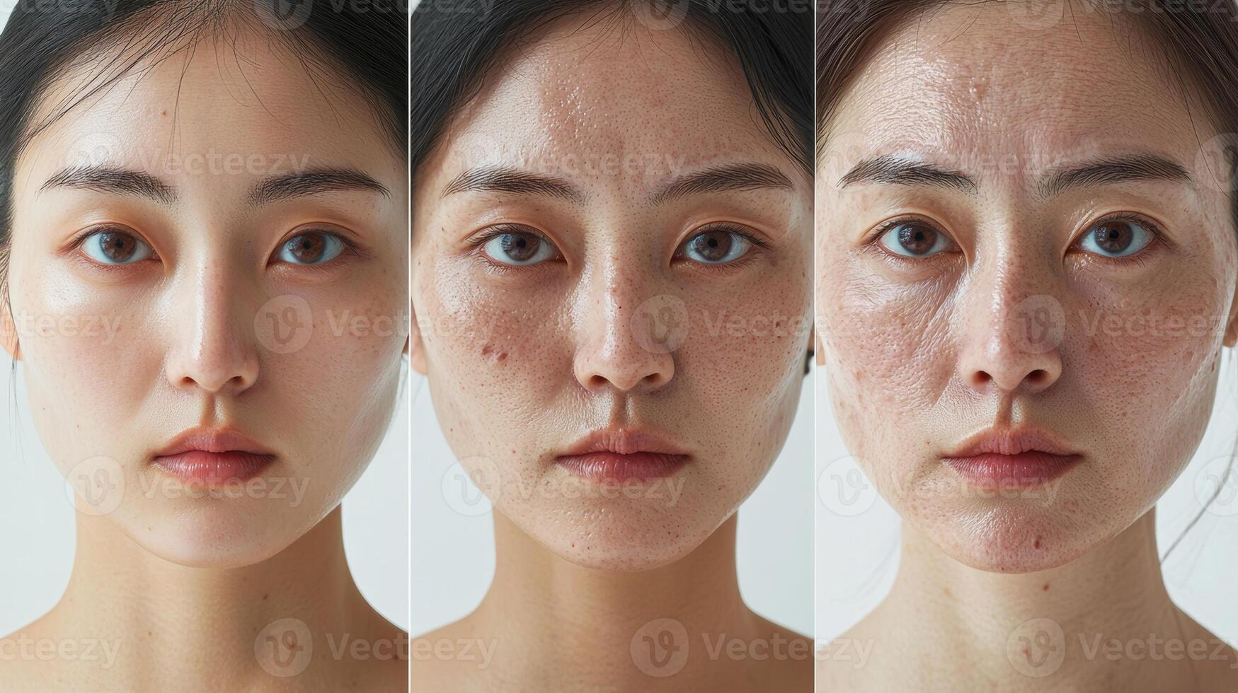 Three-part image showing the gradual aging process of an Asian woman's face, from youthful and smooth skin on the left, through moderate wrinkles in the middle, to deep lines and aged skin on photo