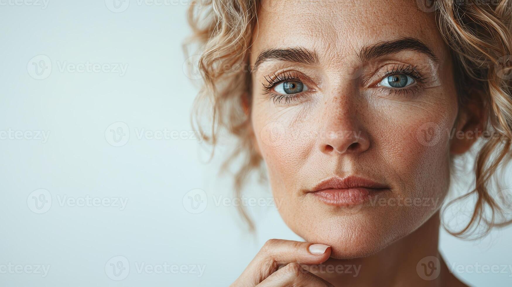 Close-up shot of an American woman, standing in front of a plain white background, her expression serious as she points at the wrinkles near her eye, highlighting concerns about aging, captured photo