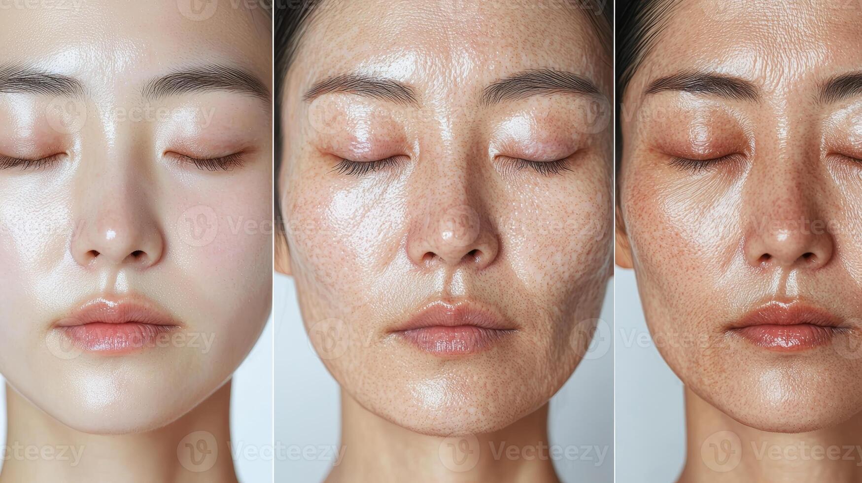 Three-panel close-up showing an Asian woman's face at different stages of aging, from smooth, youthful skin on the left to prominently aged skin on the right, with a white background highlighting photo