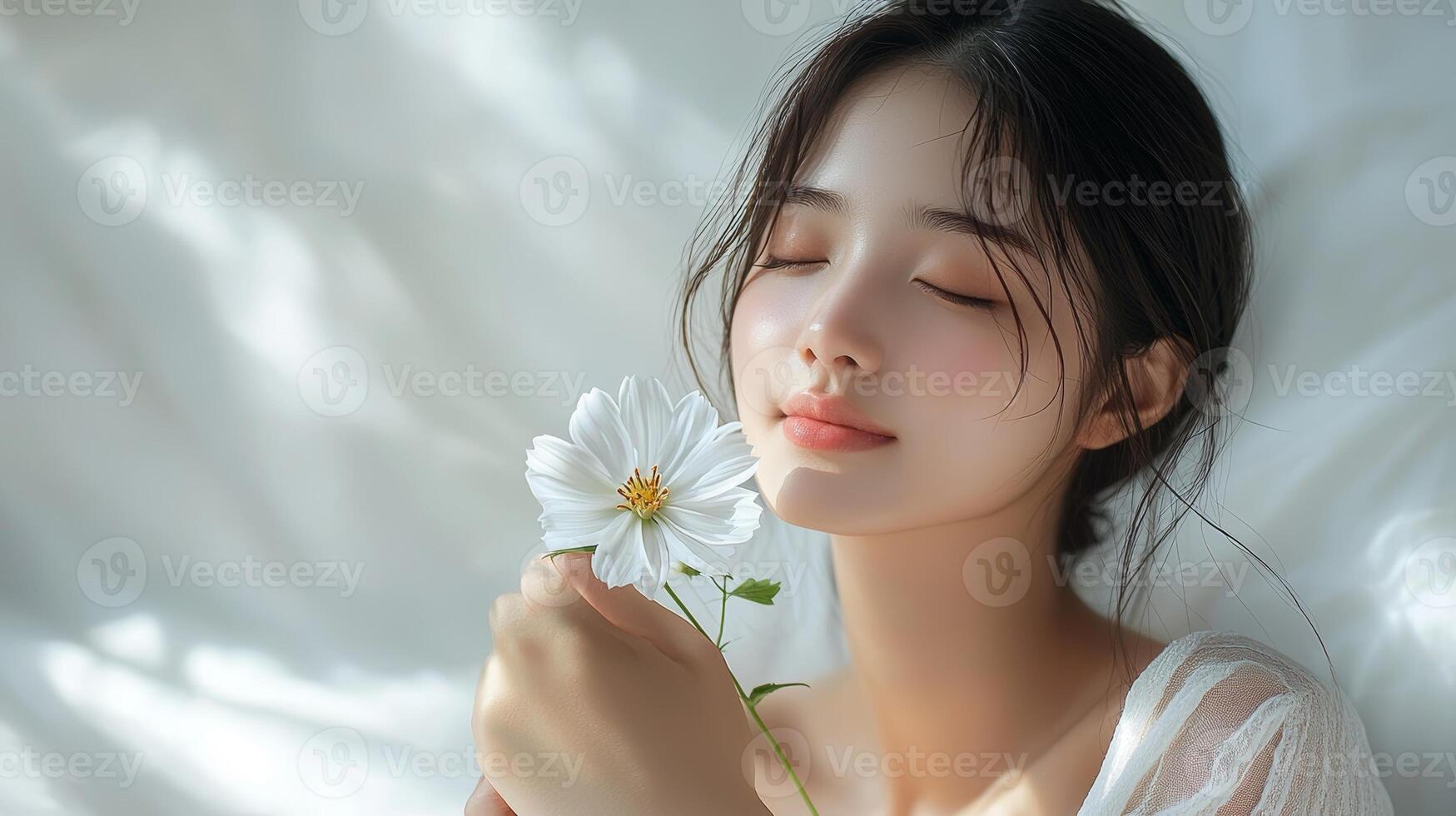 In an ad-ready composition, a young Asian woman with dark hair sits gracefully on a white bed, softly caressing her leg with one hand and holding a white flower in the other, her tranquil expression photo