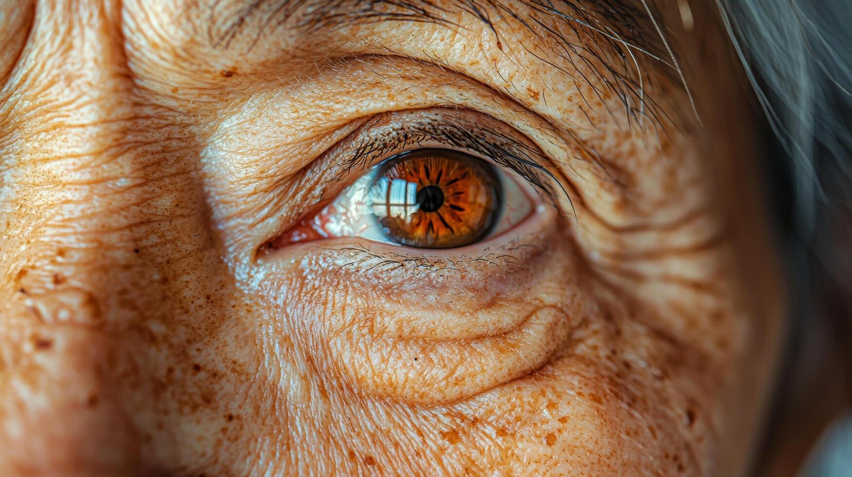 Extreme close-up of an older Asian woman's eyes, highlighting the intricate details of her wrinkles and skin texture, emphasizing the natural beauty of aging, set against a soft, neutral background photo