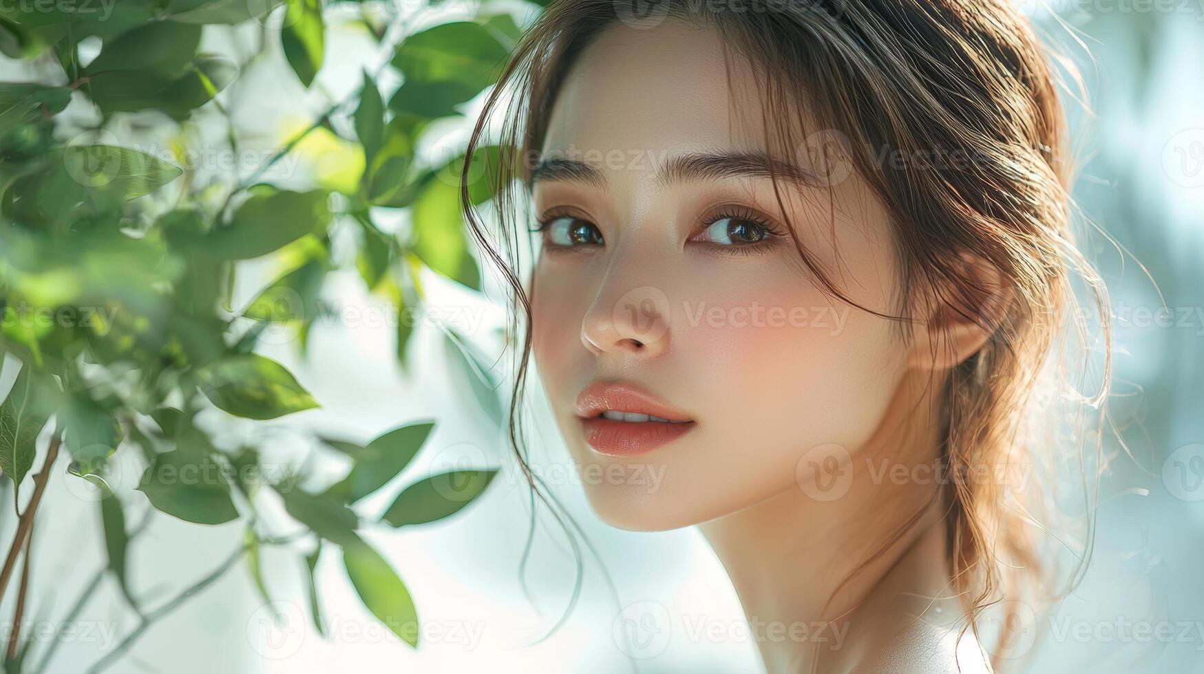 In a serene commercial setting, an Asian woman with soft brown hair is seen applying lotion to her shoulder, her face calm and content, the bright and minimalistic background featuring subtle photo