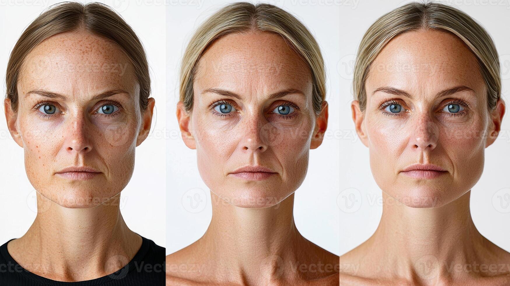 Triptych image illustrating the progression of a woman's face aging, starting with youthful skin on the left, developing fine lines in the middle, and transitioning to deep wrinkles on the right, photo