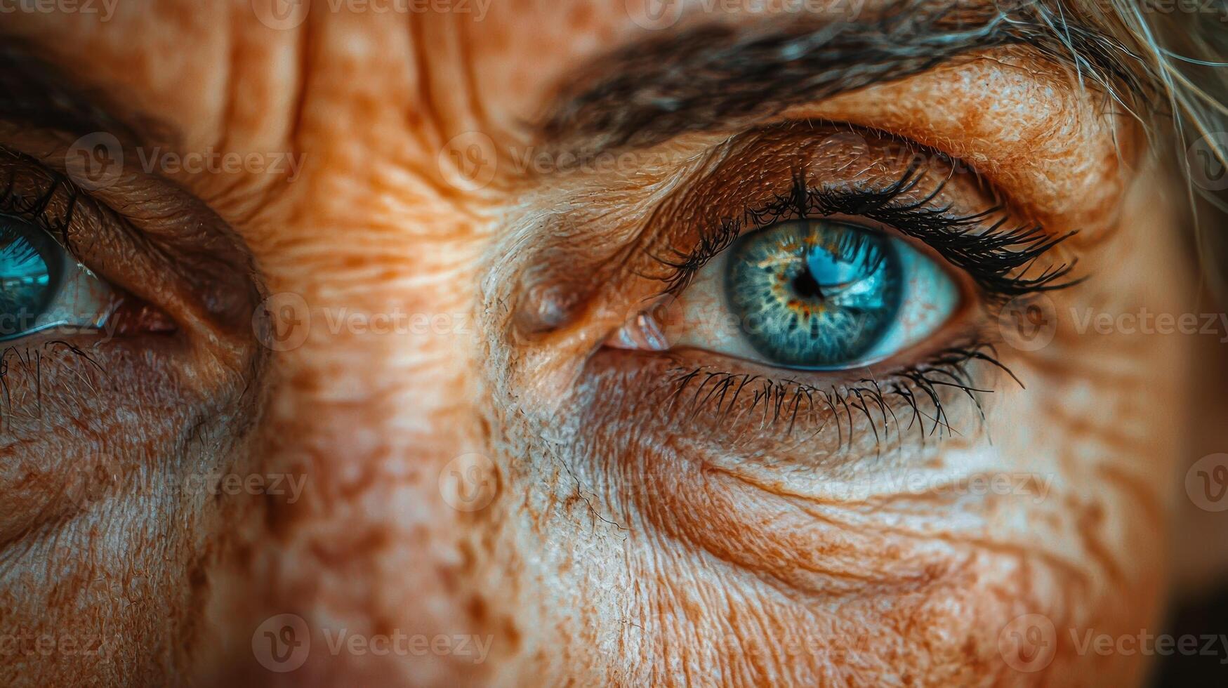 Extreme close-up of an older woman's eyes, highlighting the intricate details of her wrinkles and skin texture, emphasizing the natural beauty of aging, set against a soft, neutral background photo