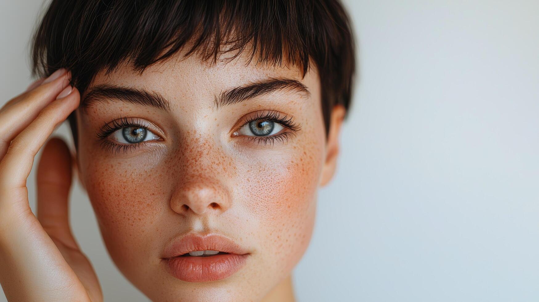 Close-up of an American woman with short hair, standing against a white background, gently touching the wrinkles near her eye with a concerned expression, highlighting her worries about aging photo