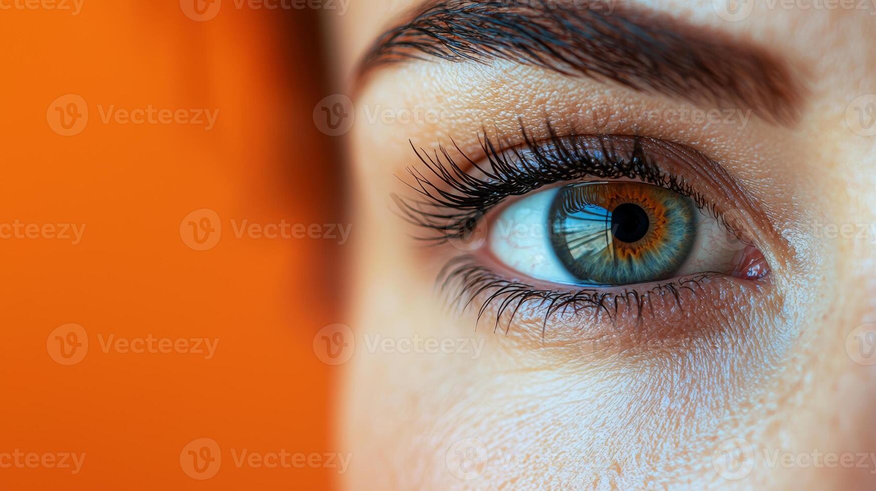 In a commercial setting, a close-up of a European woman eye area, highlighting the natural signs of aging with detailed focus on the wrinkles and skin texture, the image is complemented by photo