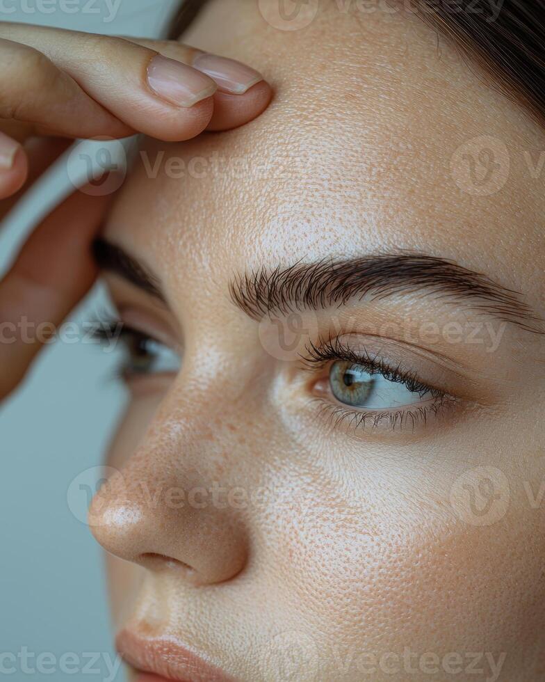 Extreme close-up of a woman's forehead, showing deep wrinkles as she pulls the skin apart with her fingers, emphasizing signs of aging and reduced skin elasticity, her dark hair slightly pulled photo