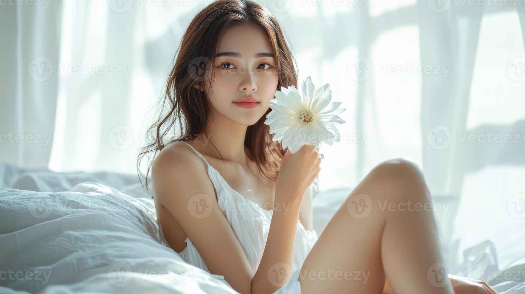 In an ad-ready composition, a young Asian woman with dark hair sits gracefully on a white bed, softly caressing her leg with one hand and holding a white flower in the other, her tranquil expression photo