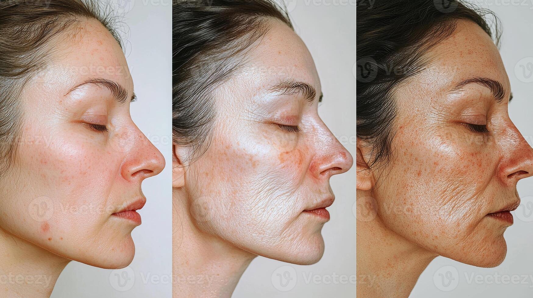 Three-part image showing the gradual aging process of a woman's face, from youthful and smooth skin on the left, through moderate wrinkles in the middle, to deep lines and aged skin on the right, photo