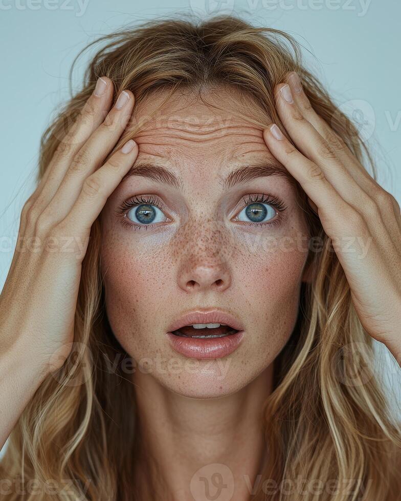 Close-up of a blonde European woman, visibly surprised as she pulls the skin on her forehead upwards with both hands, highlighting the wrinkles and fine lines, her eyes wide with concern, set photo