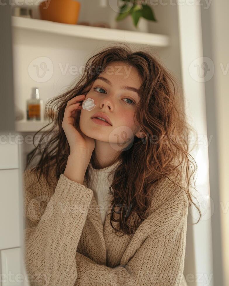 Portrait of a young European woman standing in a modern bathroom, focused on applying a small amount of face cream to her cheek, with a simple, white bathroom setting and a shelf in the background, photo
