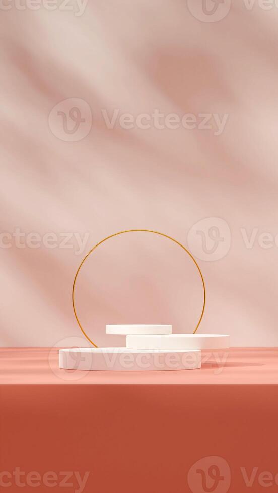 3D image render scene mockup of white stacked podium in portrait with gold ring and pink floor photo