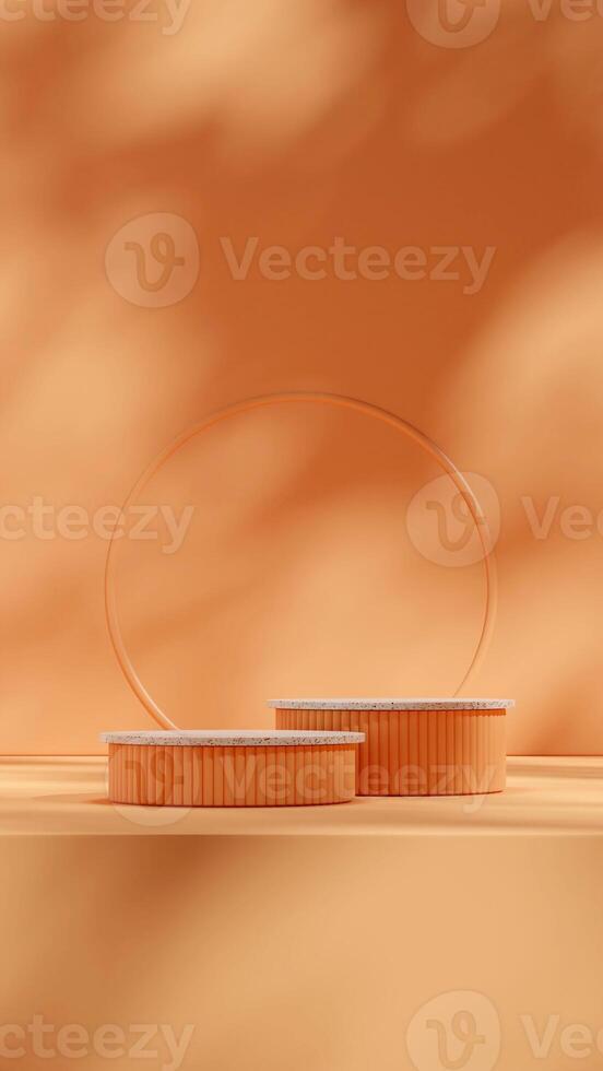 Orange circle and wall 3D render blank space of terrazzo texture podium in portrait photo