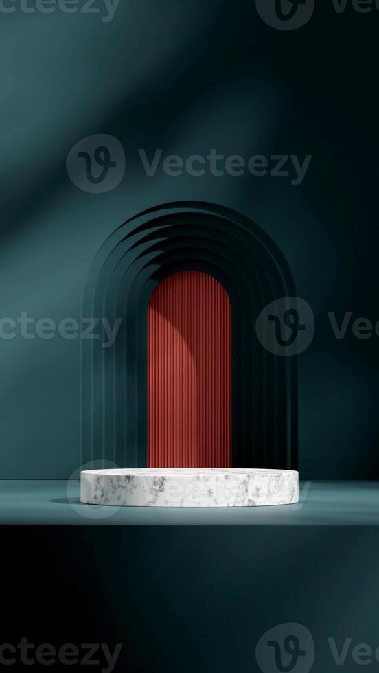 blue arch wall and red texture, 3d render image empty mockup white marble podium in portrait photo