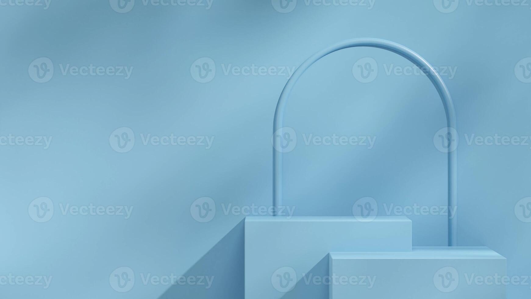 Blue block podium in landscape minimal arch and wall, 3D render mockup template photo