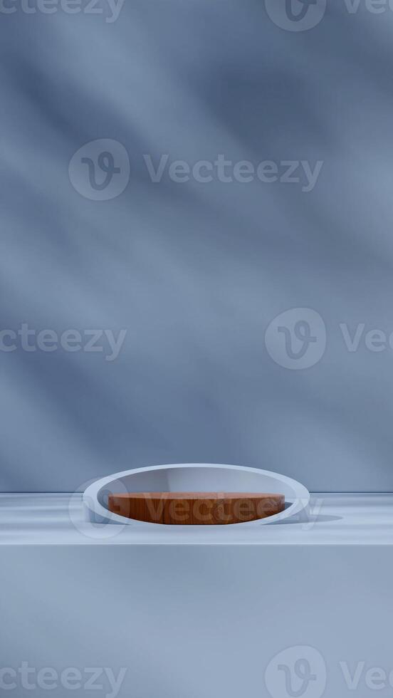Mockup space brown wood texture podium in portrait with shadow blue color wall, 3D image render photo