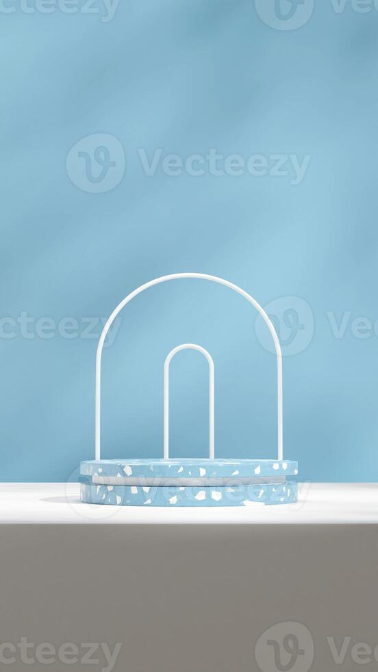 blue terrazzo podium in portrait white arch and floor, 3d render image empty mockup photo