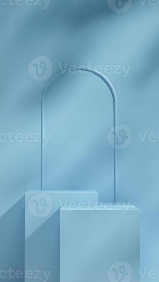 Blue block podium in portrait minimal arch and wall, 3D render mockup template photo