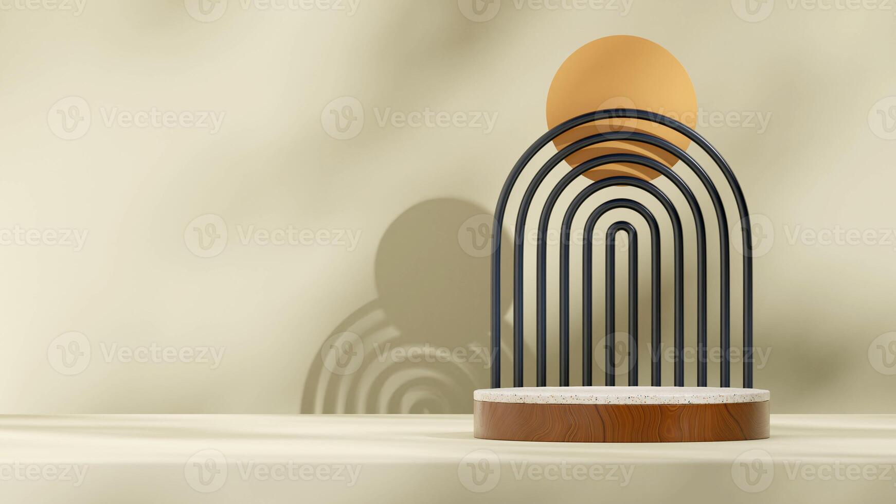 Black arch and yellow circle 3D render image blank space terrazzo and wood podium in landscape photo