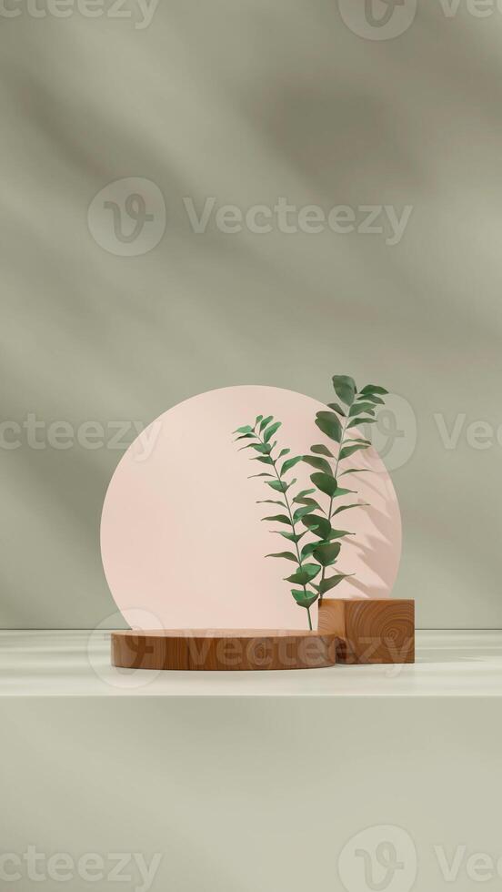 Portrait layout of green wall and plant, 3D image render empty scene brown cylinder podium photo