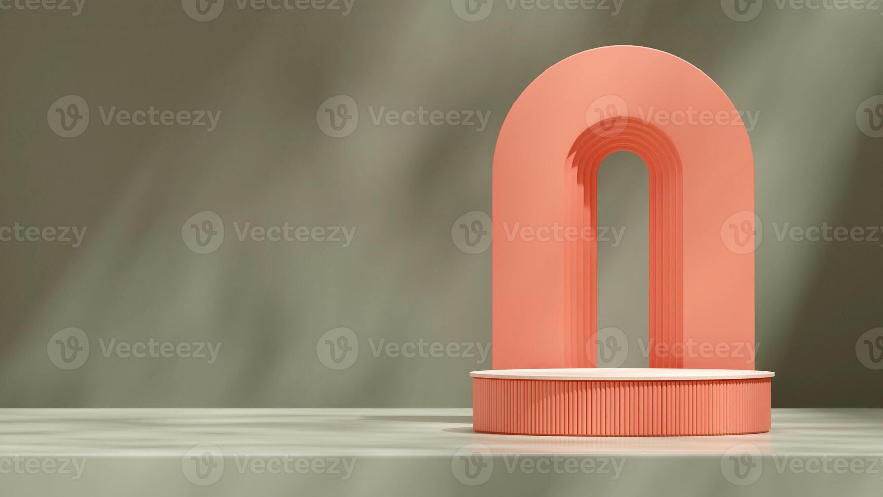 Landscape layout of backdrop arch and green wall 3D render blank space salmon red and white podium photo