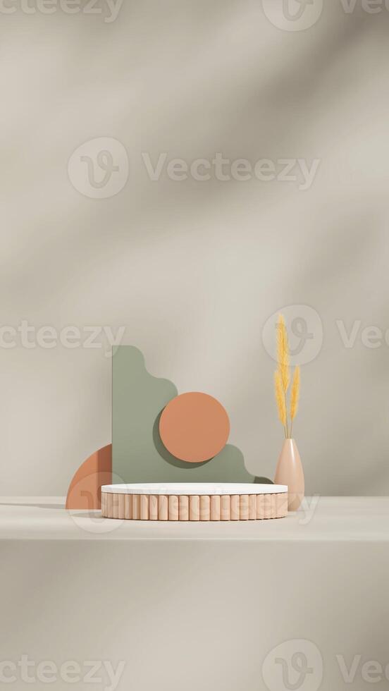 yellow plant and green backdrop, 3d render image blank space white brown podium in portrait photo