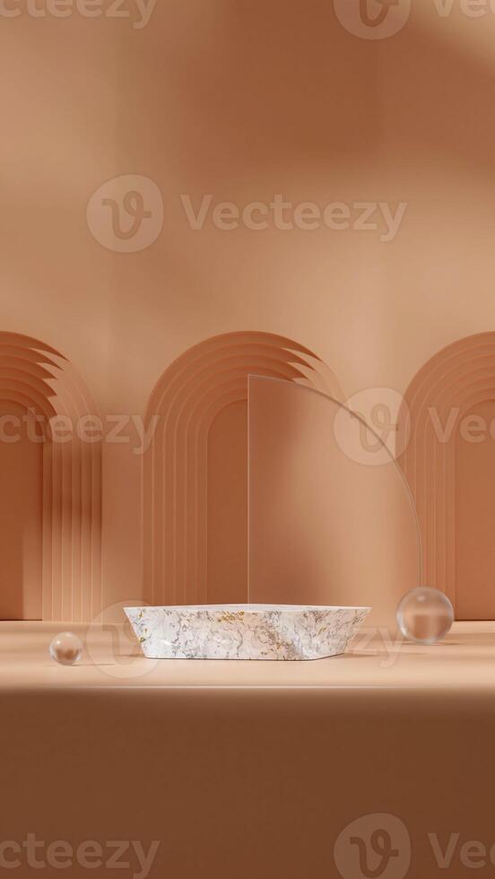 3D render image empty scene white marble podium in portrait sphere and circle glass, arch photo