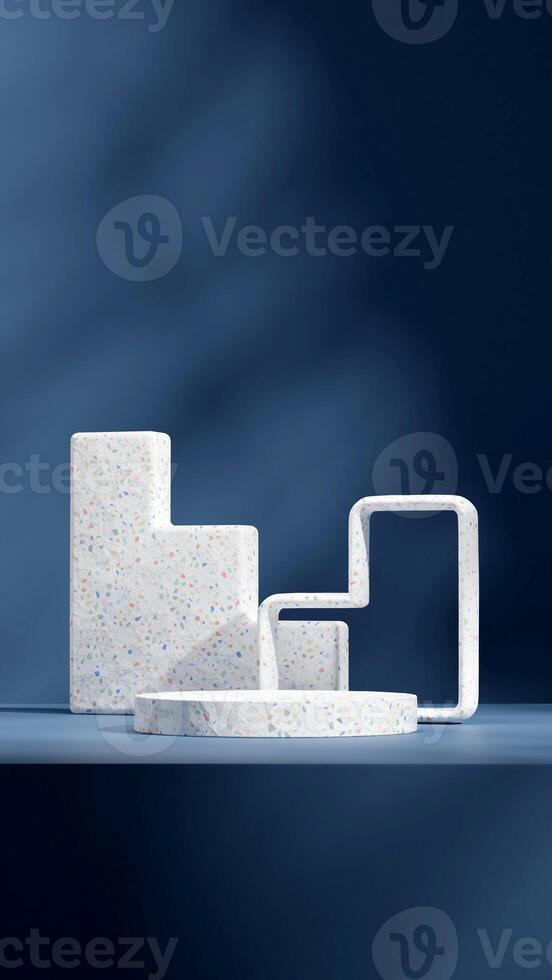 minimal blue wall background, 3d render blank space colorful terrazzo podium in portrait photo