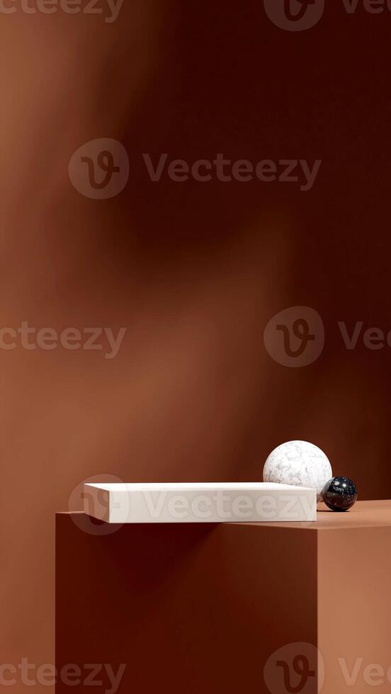 rendering 3d blank mockup white color podium in portrait marble sphere and brown wall photo