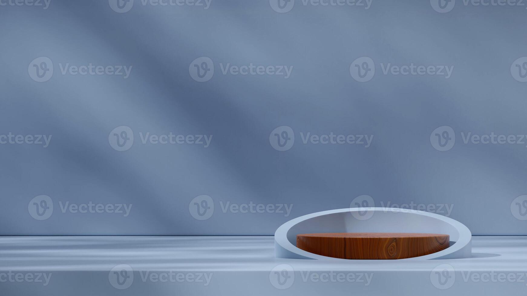 Mockup space brown wood texture podium in landscape with shadow blue color wall, 3D image render photo