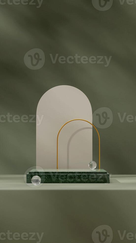 Green marble podium in portrait arch and gold ring background, 3D image render mockup template photo