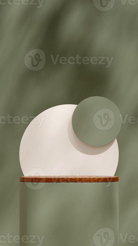 White circle and green wall 3D rendering blank space of wood texture and green podium in portrait photo
