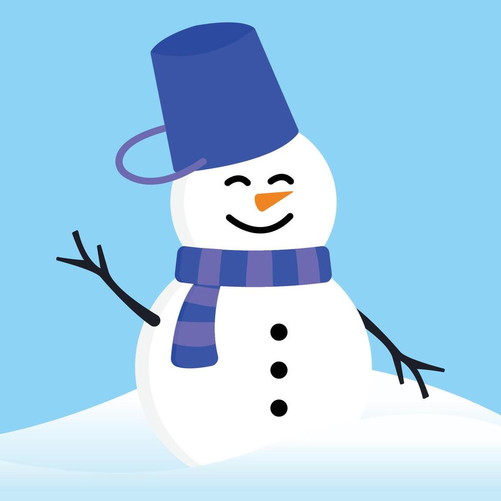 Wink White Snow Man with Twig Hand Up Wearing Blue Bucket Hat and Scraf Winter on Blue Background vector
