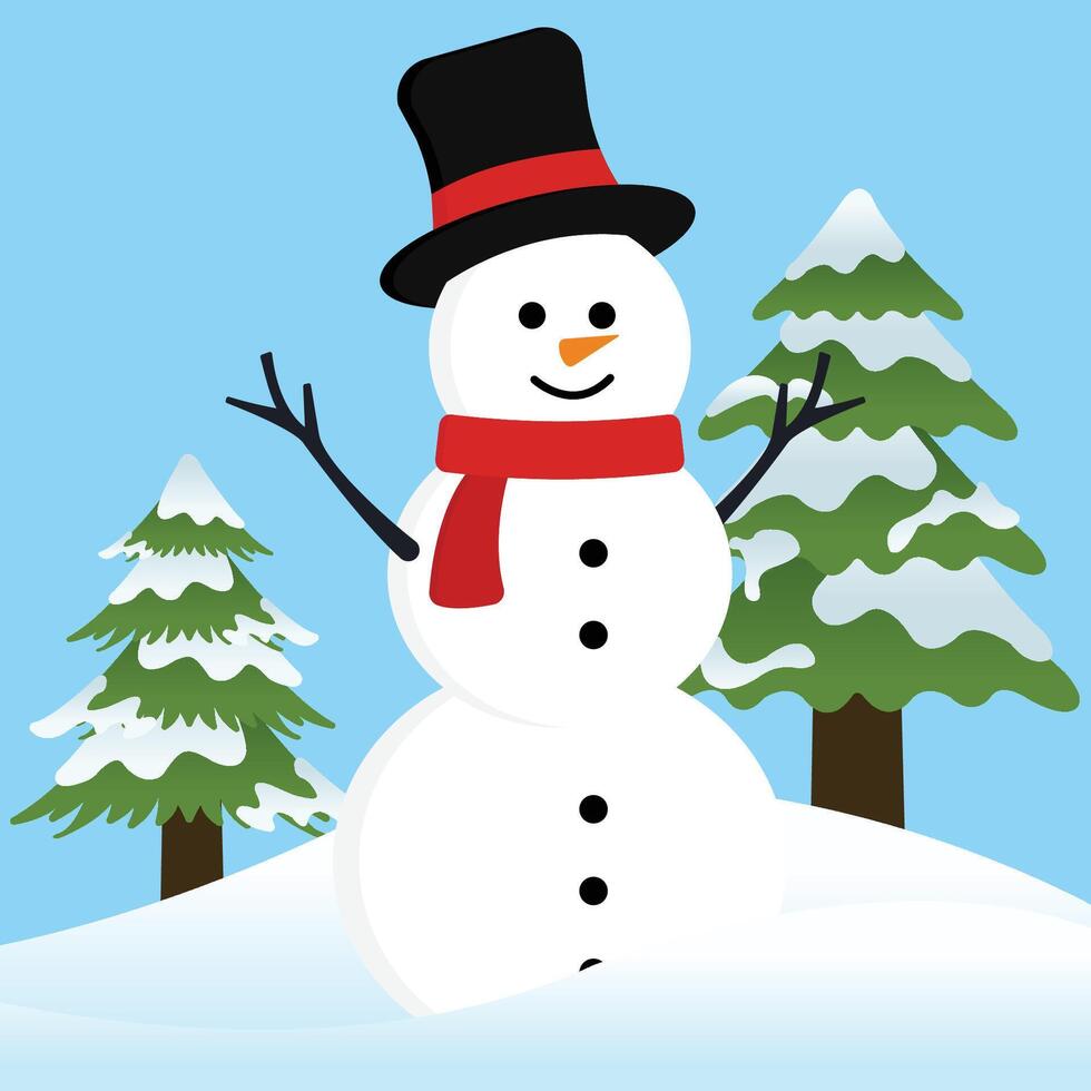 Big Smile White Snow Man with Twig Hand Up Wearing Black Red Hat and Red Scraf Winter on Blue Background vector