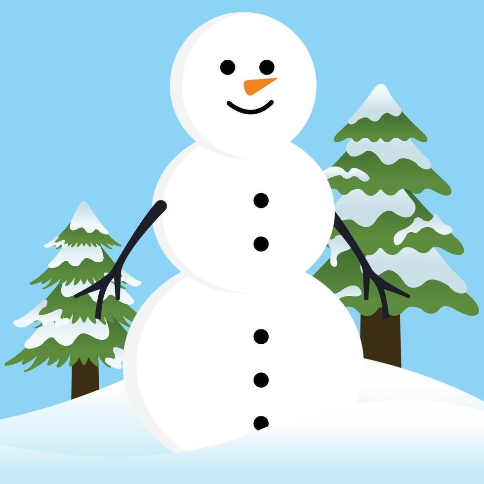 Big Smile White Snow Man with Twig Hand Down on Blue Background vector