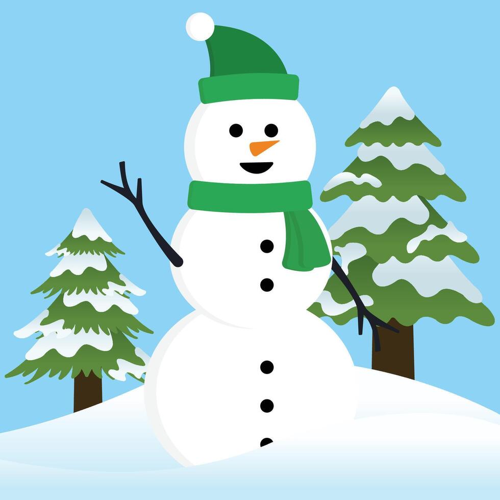 Big White Snow Man with Hello Gesture Wearing Green Beanie and Green Scraf Winter on Blue Background vector