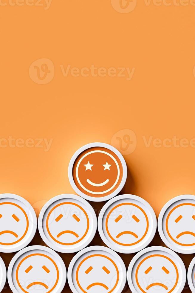 Vertical image of orange smiley emoticon shows very good satisfaction among dissatisfied emoticons on orange background. concept of evaluating service quality and customer opinions. photo
